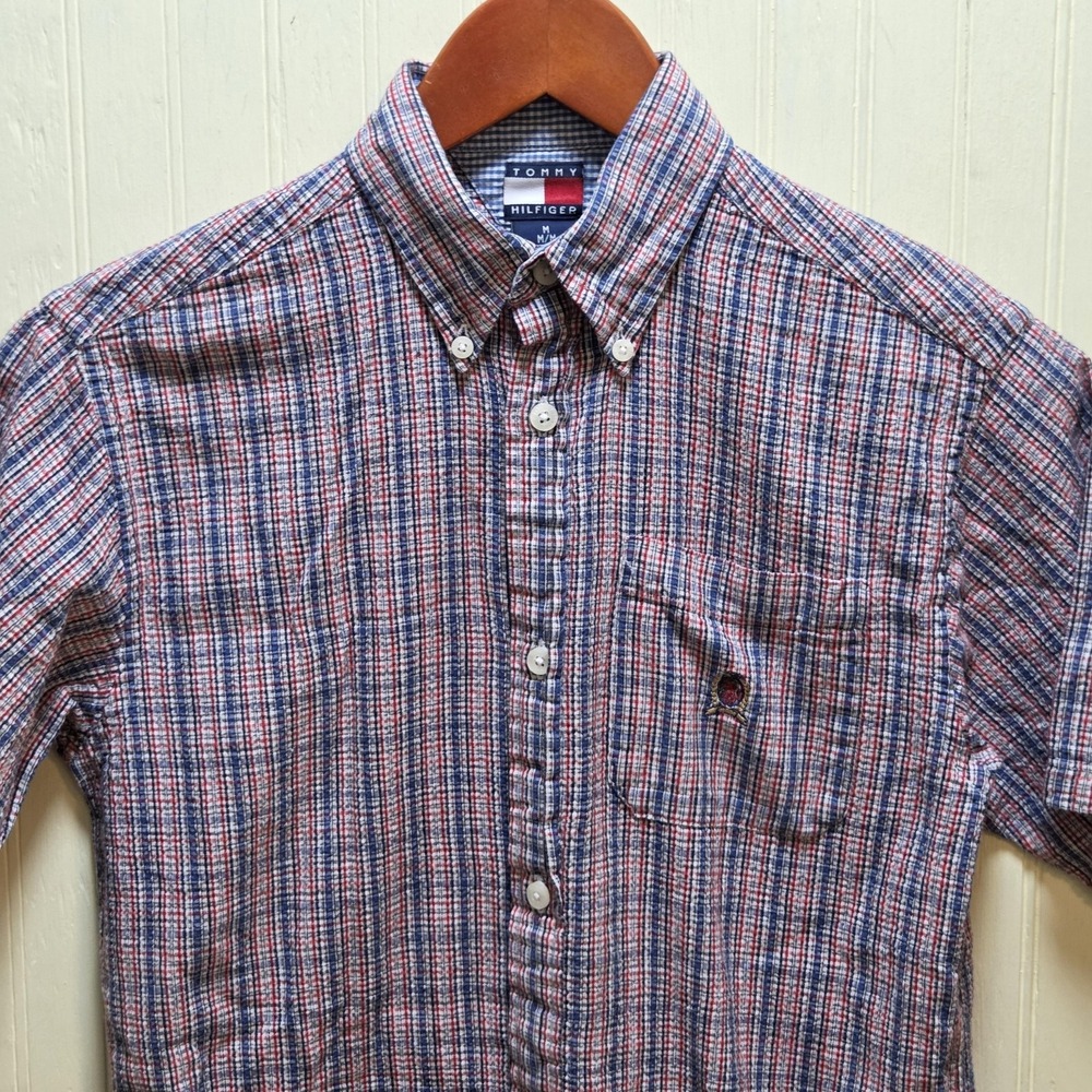 Tommy Hilfiger Shirt Mens Medium Blue Plaid Short Sleeve Button Down Cotton